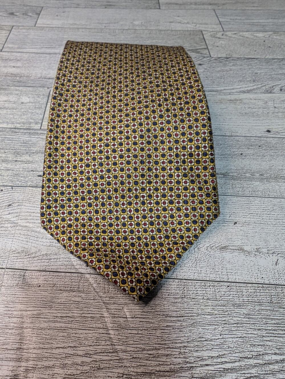 Polo Ralph Lauren Mens Designer Tie Necktie Silk Handmade USA Yellow Geometric